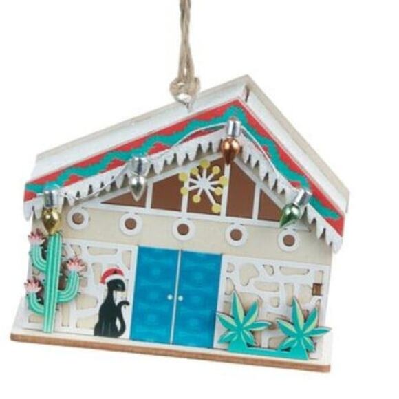 Christmas tree ornament mid century house retro with cat holiday new wood - Picture 1 of 3